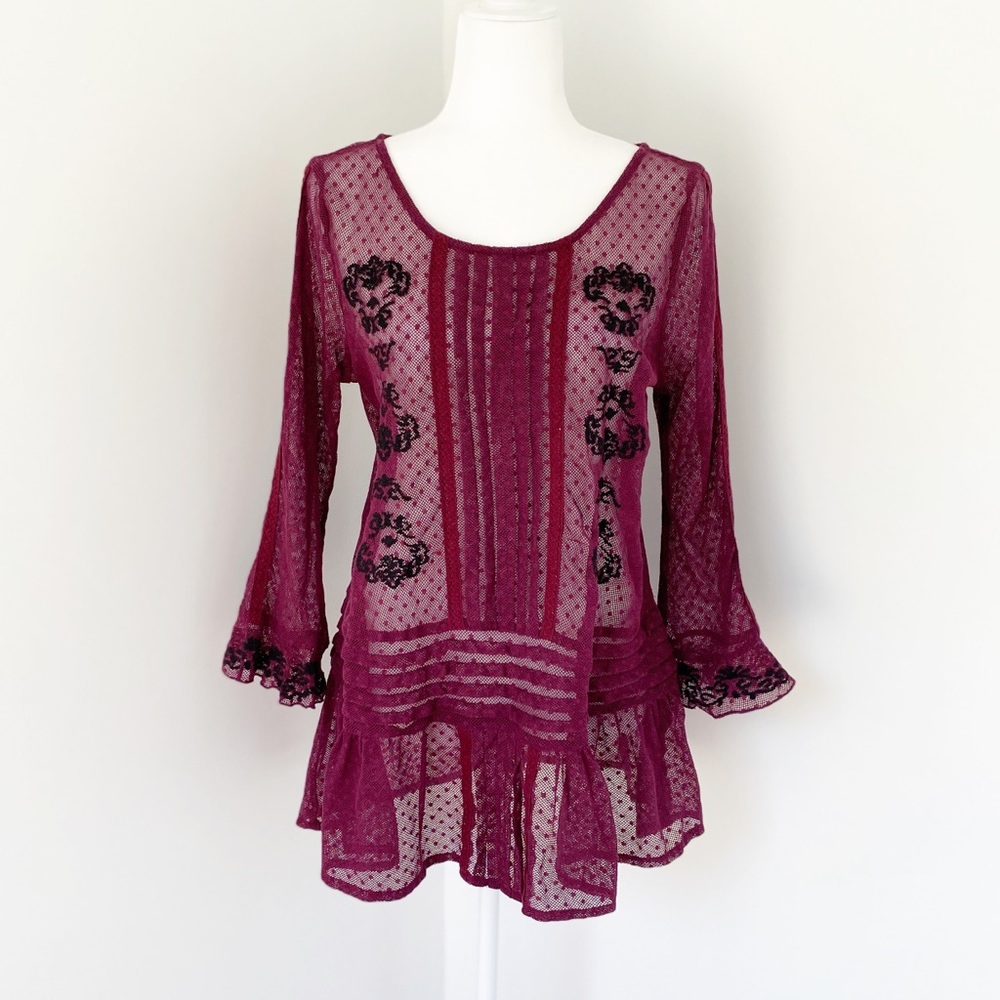 Free People Plum Lace Mesh Swiss Dot Tunic Blouse